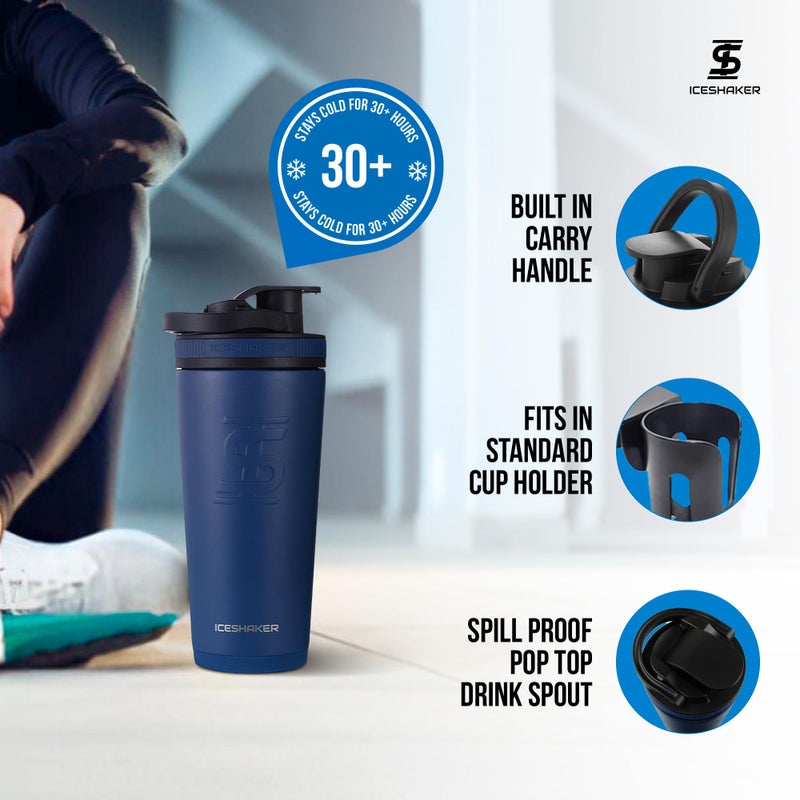 Ice Shaker Insulated Stainless Steel Shaker Bottle | 26oz, Navy | Cold for 30+ Hours | Insulated Cup with Twist-on Agitator | Odor-Free Bottle for Protein Shakes, Water, Smoothies, Cocktails - Image 3